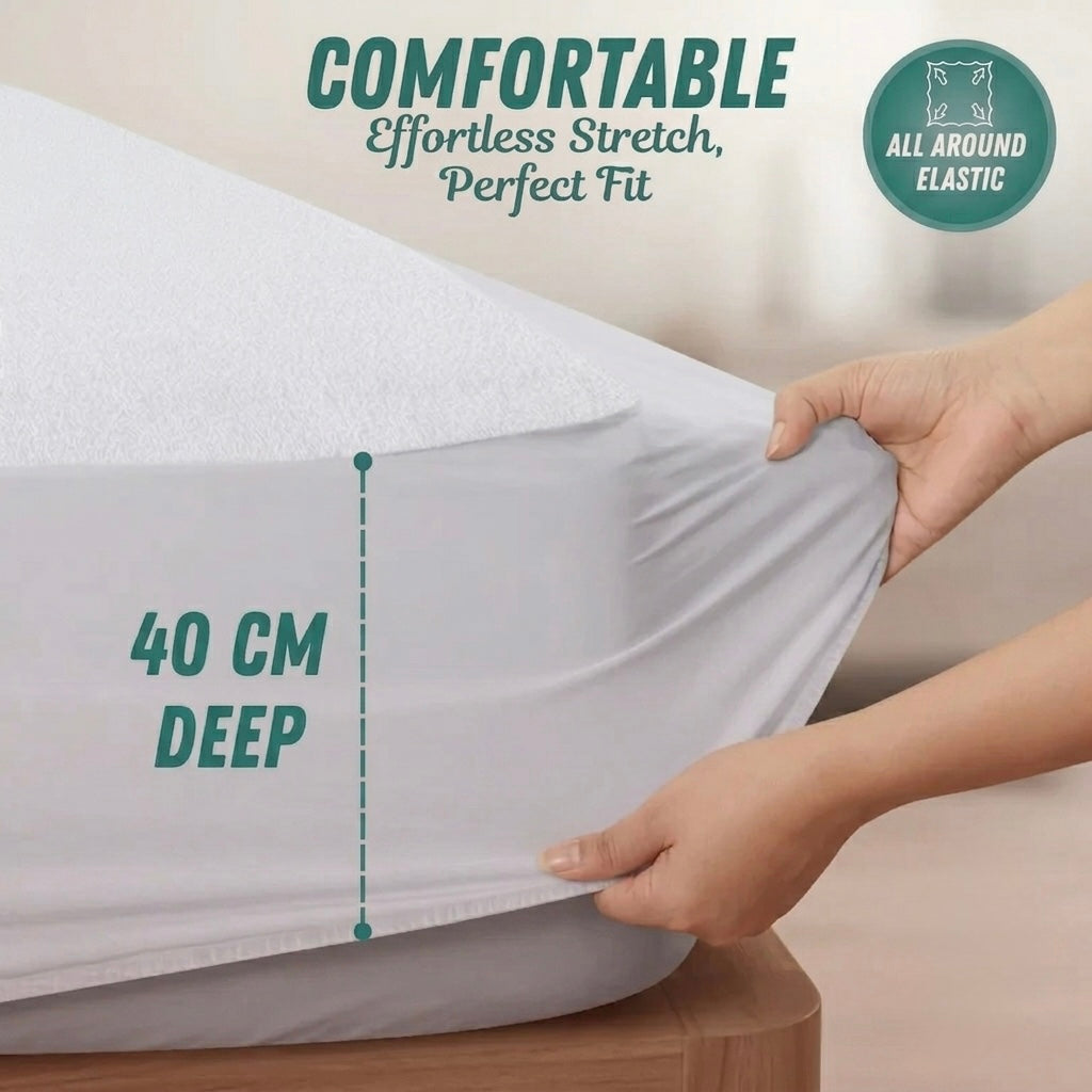 NUUN waterproof mattress protector fitted on mattress corner showing elastic edge